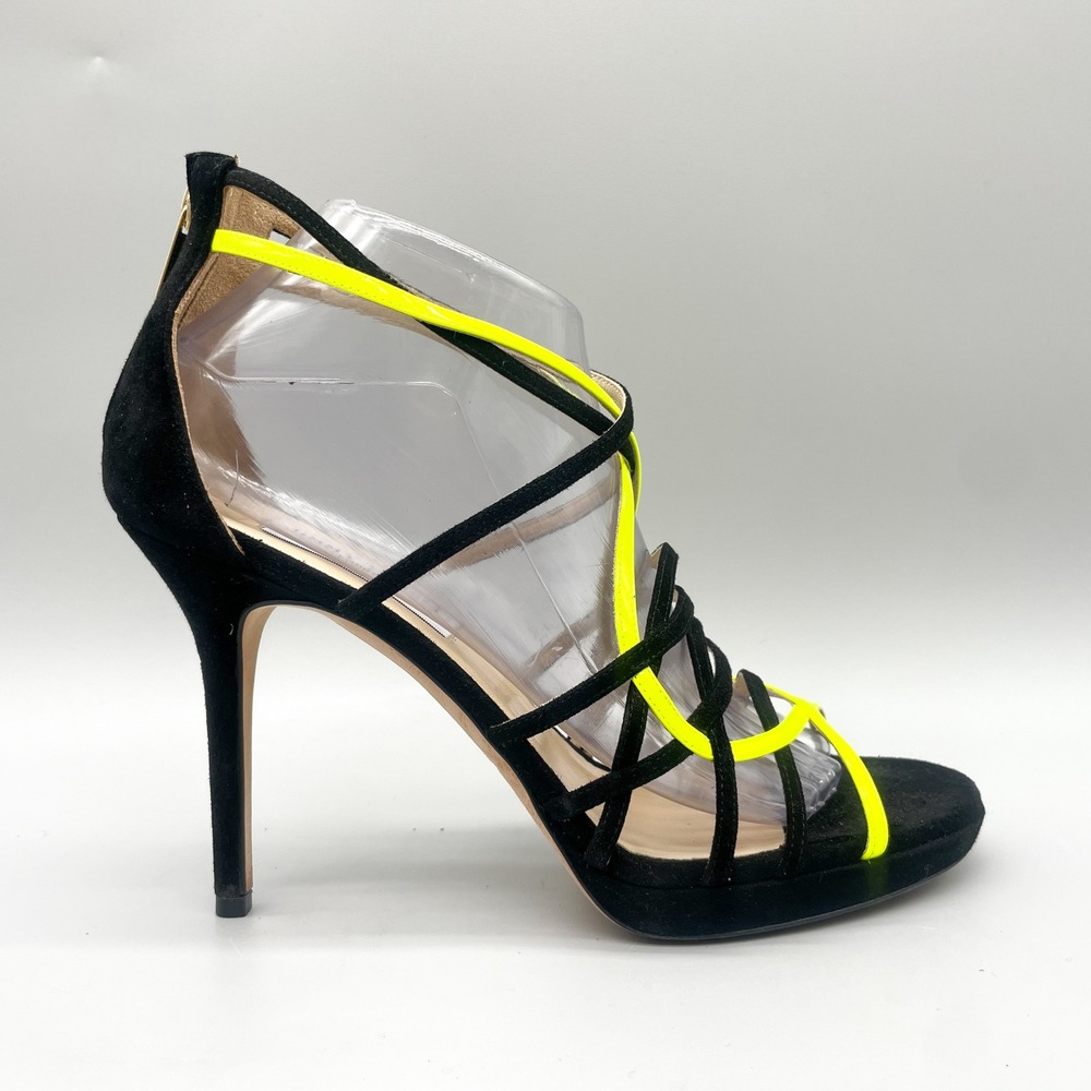 Jimmy Choo Womens 40 Myth Strappy Sandals Heels Black Suede Neon Yellow Patent